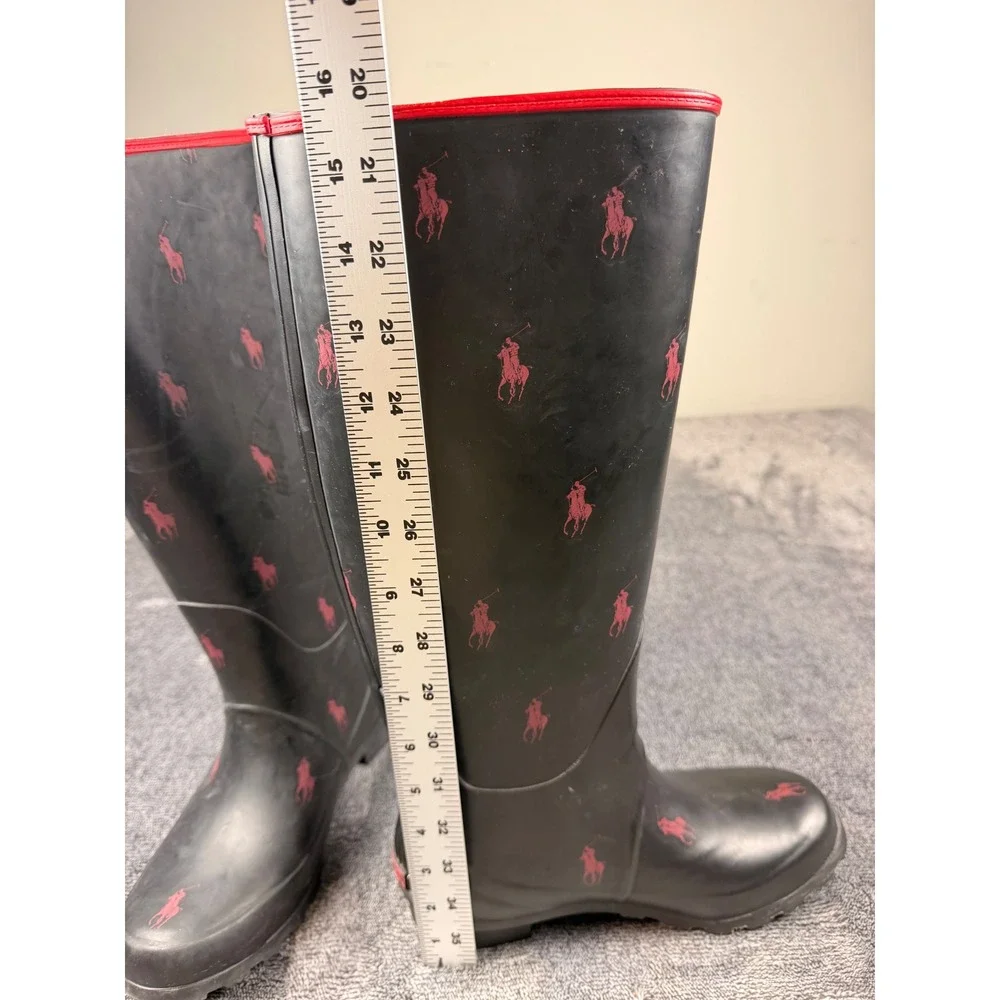 Polo Ralph Lauren Black Red Pony Logo Tall Rubber Rain Boots Mens 7 Womens 9